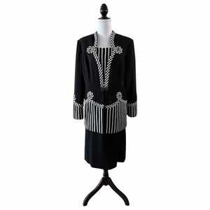 Nina Massini Black 3pc Skirt Suit with White Stripes, Size 14